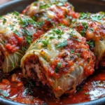 Italian Stuffed Cabbage Rolls 7 A plate of authentic Italian stuffed cabbage rolls filled with seasoned meat and rice, topped with tomato sauce, ready to serve.