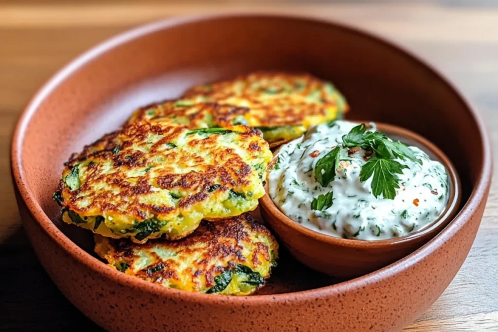 Zucchini, feta, and spinach fritters served with a side of creamy garlic tzatziki sauce.