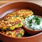 Zucchini Feta Spinach Fritters with Garlic Tzatziki 7 Zucchini, feta, and spinach fritters served with a side of creamy garlic tzatziki sauce.