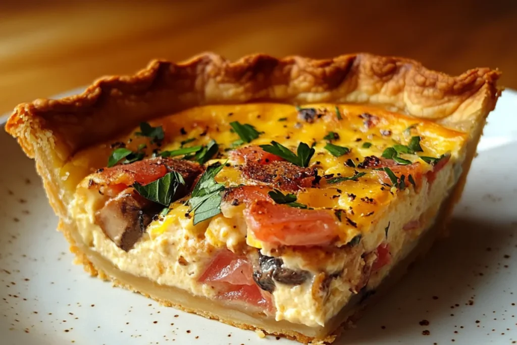 Impossible Quiche in a baking dish with a self-forming crust and delicious filling of cheese, vegetables, and eggs. Perfect for brunch or dinner.