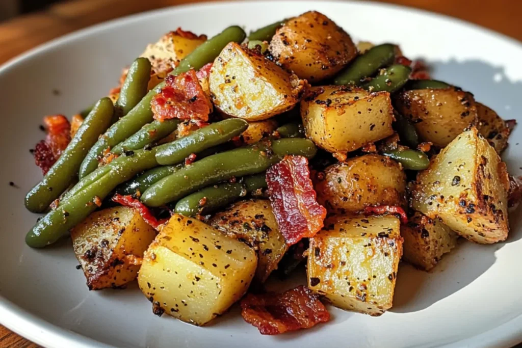 A plate of Country Ranch Green Beans 'n Potatoes with Bacon, featuring tender green beans, crispy bacon, and creamy baby potatoes seasoned with ranch flavor.