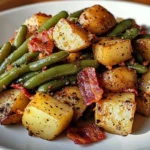 Country Ranch Green Beans 'n Potatoes with Bacon 7 A plate of Country Ranch Green Beans 'n Potatoes with Bacon, featuring tender green beans, crispy bacon, and creamy baby potatoes seasoned with ranch flavor.