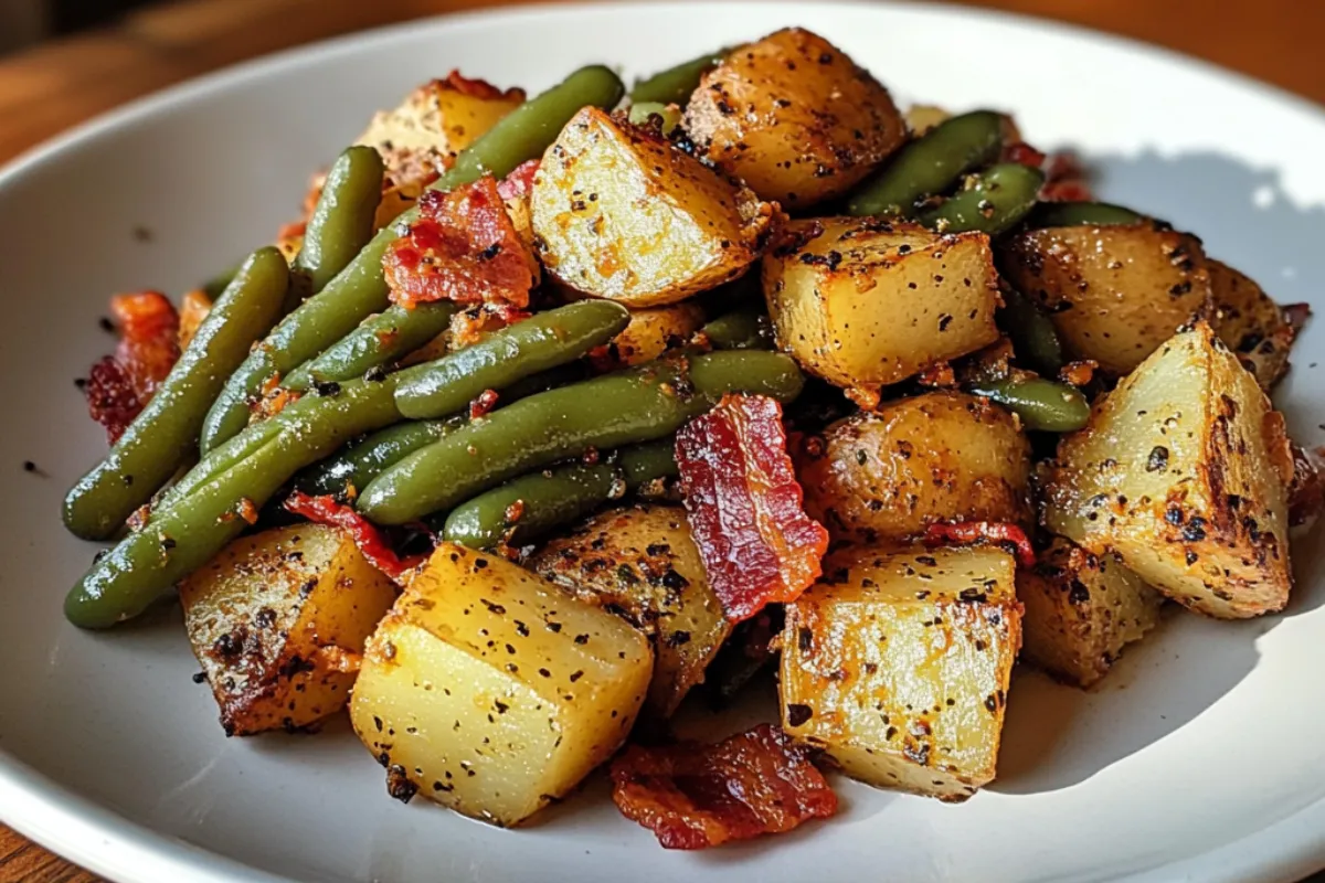 Country Ranch Green Beans 'n Potatoes with Bacon 4 A plate of Country Ranch Green Beans 'n Potatoes with Bacon, featuring tender green beans, crispy bacon, and creamy baby potatoes seasoned with ranch flavor.