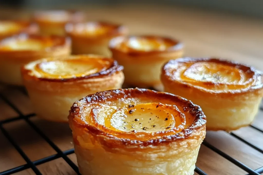 Baby Lemon Impossible Pies in a muffin tin, fresh out of the oven, with a golden top and creamy lemon custard filling.