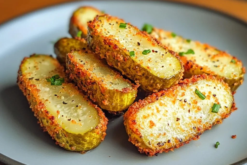 Golden, crispy air fryer stuffed pickles with cream cheese and cheddar filling served with dipping sauce
