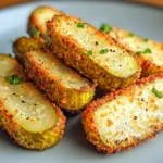 Air Fryer Stuffed Pickles – A Must-Try Snack 7 Golden, crispy air fryer stuffed pickles with cream cheese and cheddar filling served with dipping sauce