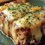 Crockpot French Onion Meatloaf with Melted Swiss Cheese 7 Crockpot French Onion Meatloaf topped with melted Swiss cheese, served with mashed potatoes and vegetables.
