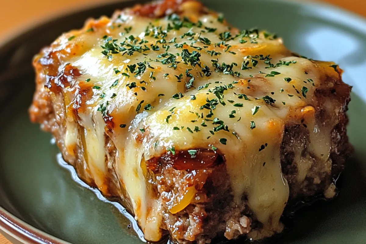 Crockpot French Onion Meatloaf with Melted Swiss Cheese 4 Crockpot French Onion Meatloaf topped with melted Swiss cheese, served with mashed potatoes and vegetables.