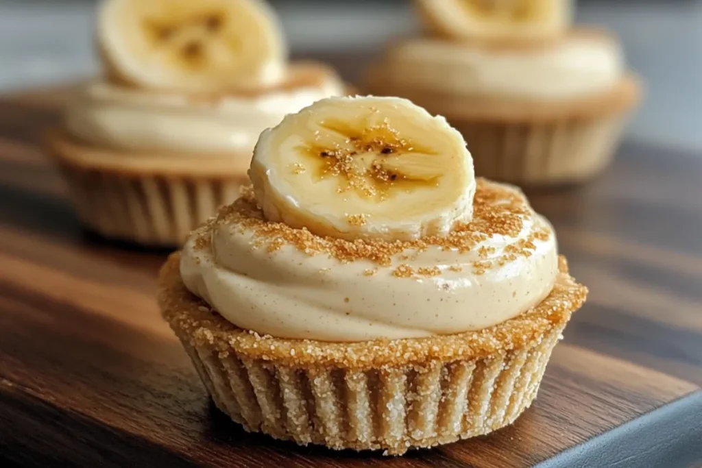 No-bake mini banana cream pies with graham cracker crust, banana slices, and whipped cream topping
