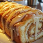 Dollywood Cinnamon Bread with Icing 7 A freshly baked loaf of Dollywood cinnamon bread with icing, ready to be served.