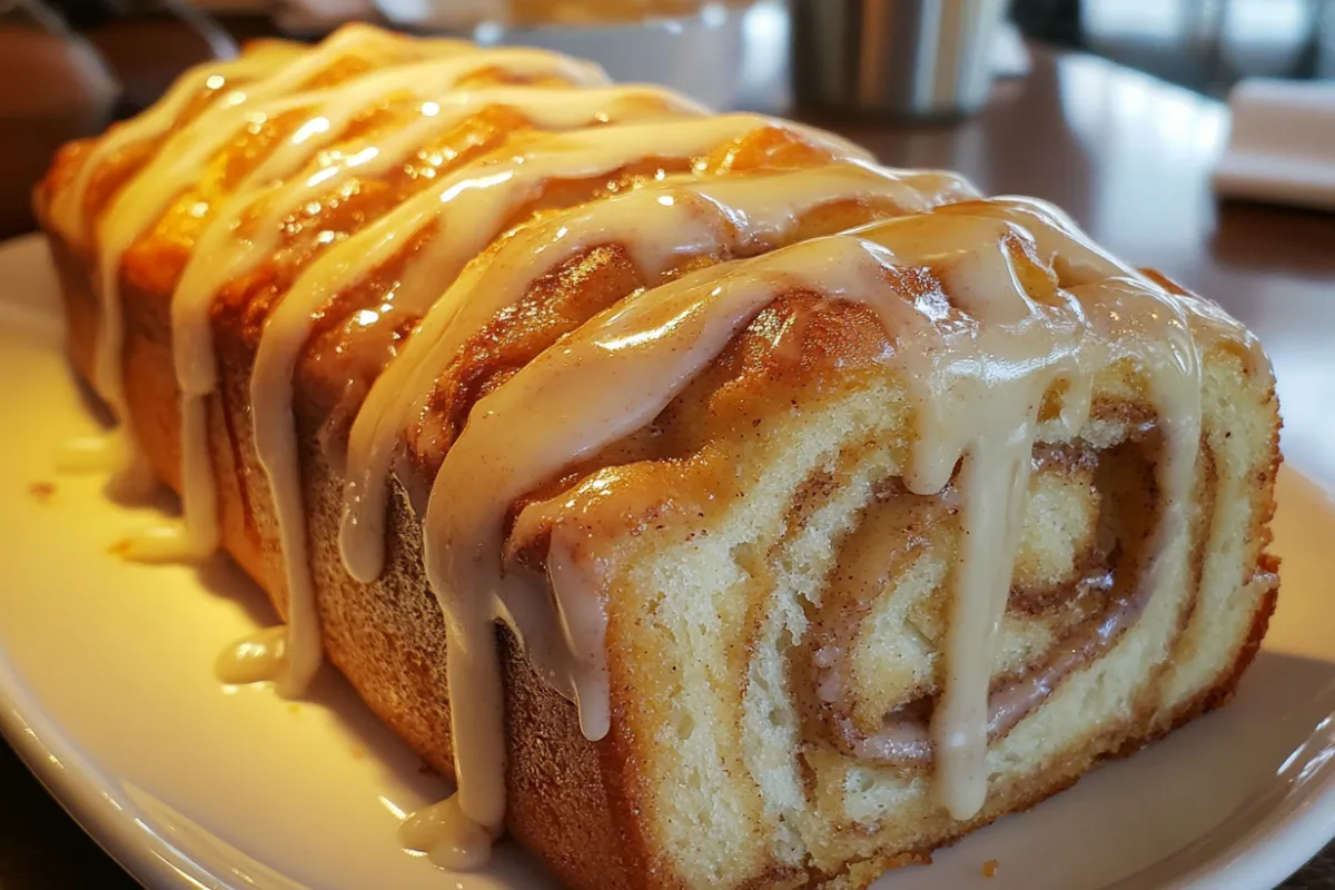 Dollywood Cinnamon Bread with Icing 4 A freshly baked loaf of Dollywood cinnamon bread with icing, ready to be served.