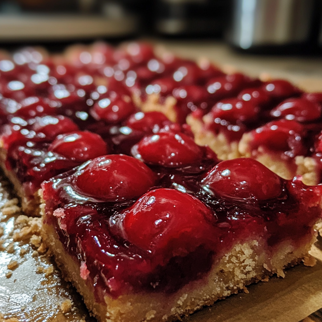 Cherry Pie Bars 3 Homemade Cherry Pie Bars with a buttery crust and sweet cherry filling, sliced into squares, served on a dessert platter.