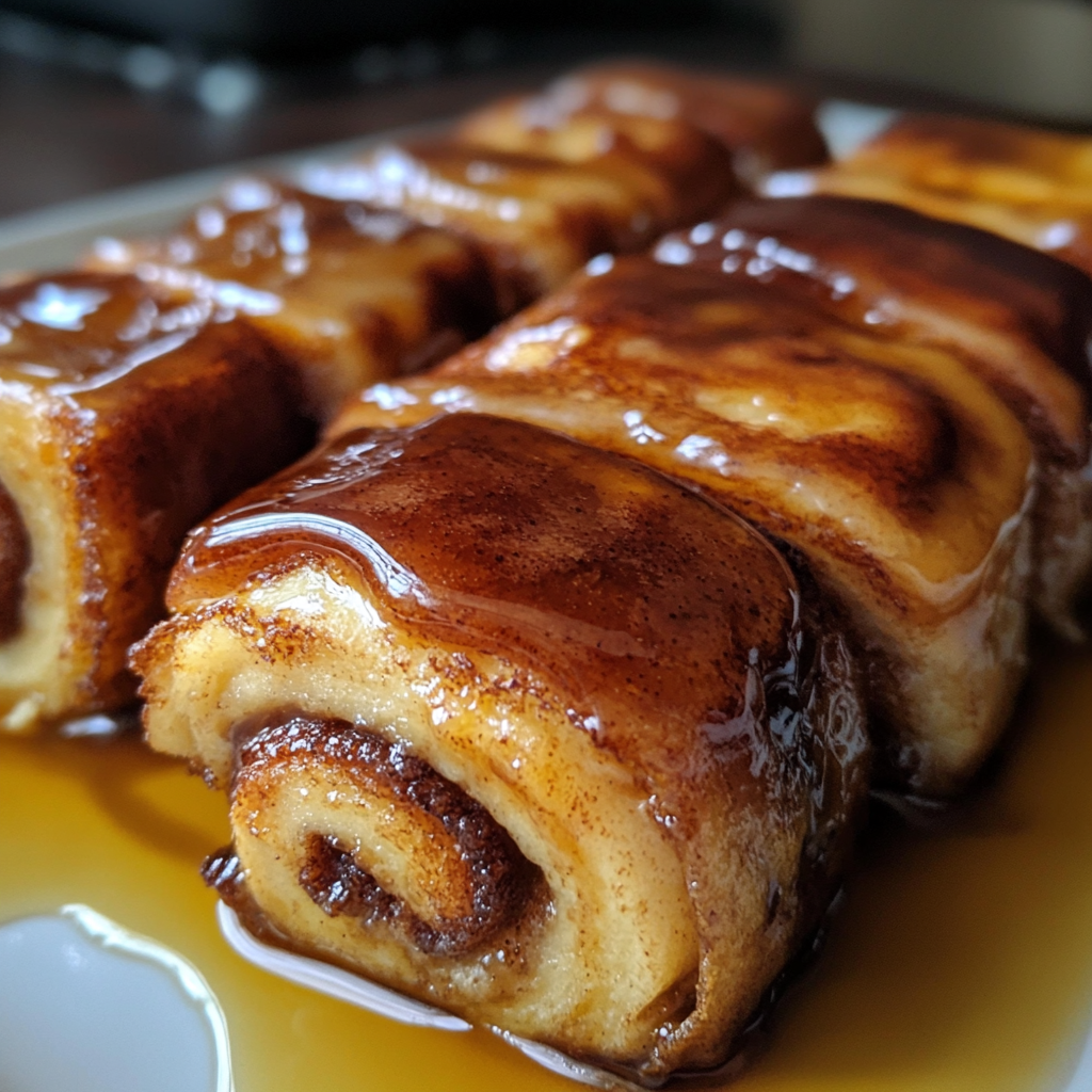 Cinnamon Roll French Toast Roll-Ups 3 Golden brown cinnamon roll French toast roll-ups with crispy exterior and gooey cinnamon-sugar filling.