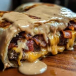Huge Bacon Cheeseburger Burrito with Bacon & Creamy Cheese Sauce 7 Huge bacon cheeseburger burrito with crispy bacon and creamy cheese sauce wrapped in a soft tortilla.