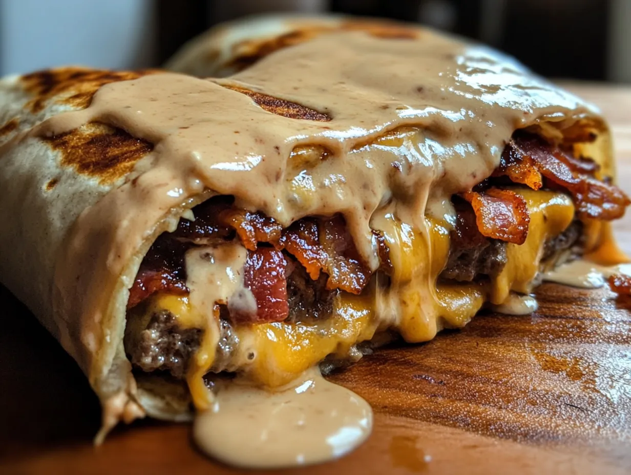 Huge Bacon Cheeseburger Burrito with Bacon & Creamy Cheese Sauce 4 Huge bacon cheeseburger burrito with crispy bacon and creamy cheese sauce wrapped in a soft tortilla.