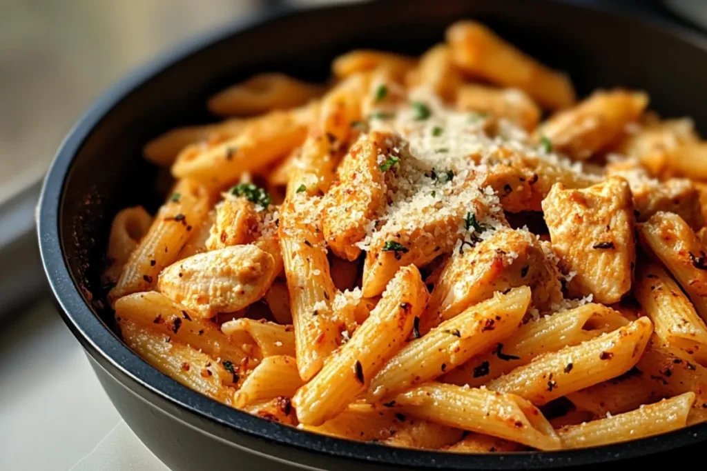 One-pot chicken parmesan pasta with melted mozzarella and parmesan, served with fresh basil and a side salad.