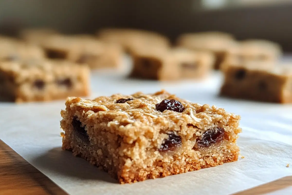 Oatmeal Raisin Cookie Bars 4 Oatmeal raisin cookie bars on a plate, showing a chewy texture with oats and raisins, perfect for a healthy snack.
