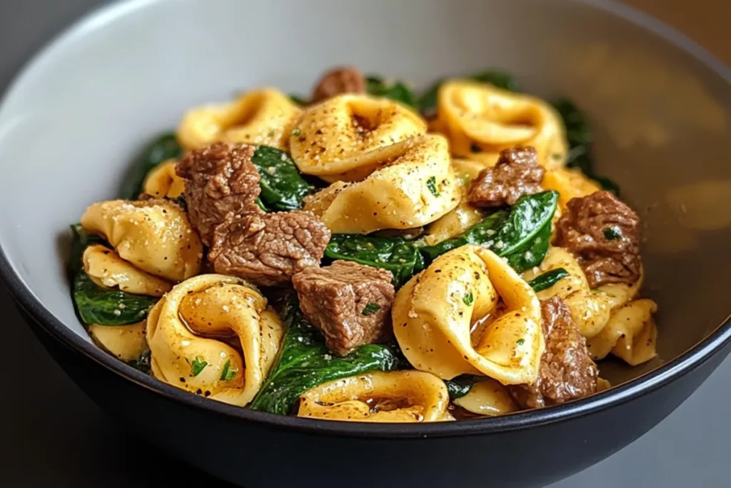 "A plate of Garlic Butter Beef and Spinach Tortellini topped with Parmesan cheese and fresh basil, served on a rustic wooden table."