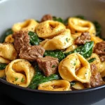 Garlic Butter Beef and Spinach Tortellini 7 "A plate of Garlic Butter Beef and Spinach Tortellini topped with Parmesan cheese and fresh basil, served on a rustic wooden table."
