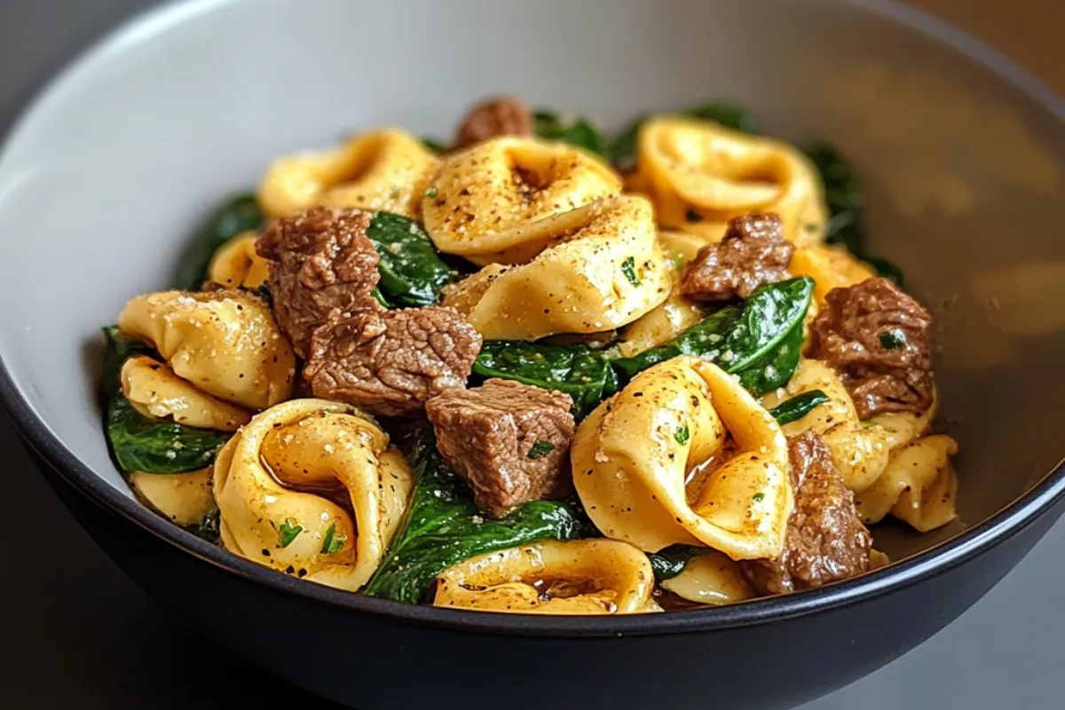 Garlic Butter Beef and Spinach Tortellini 4 "A plate of Garlic Butter Beef and Spinach Tortellini topped with Parmesan cheese and fresh basil, served on a rustic wooden table."