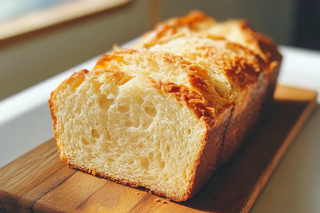 Freshly baked lemon cream cheese bread with a golden crust and creamy swirls, sliced on a wooden board.