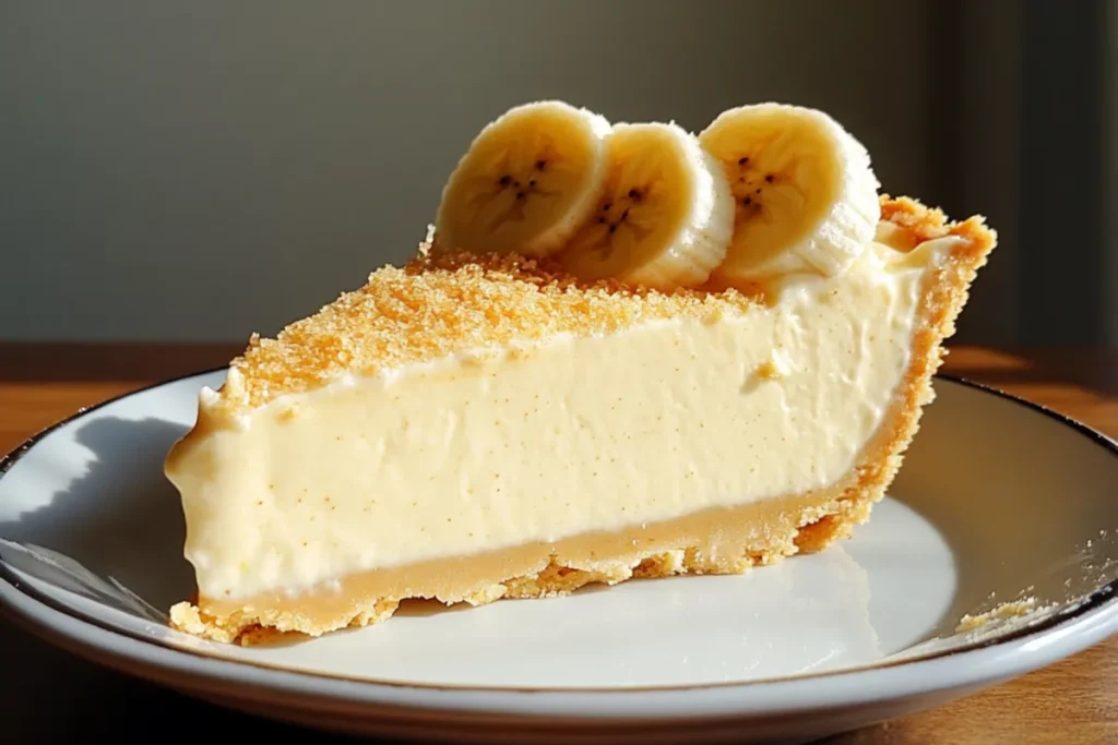 A slice of Heavenly Banana Pudding Pie topped with whipped cream and banana slices