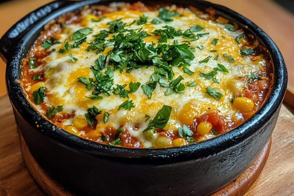 Cheesy Enchilada Chili topped with sour cream and green onions