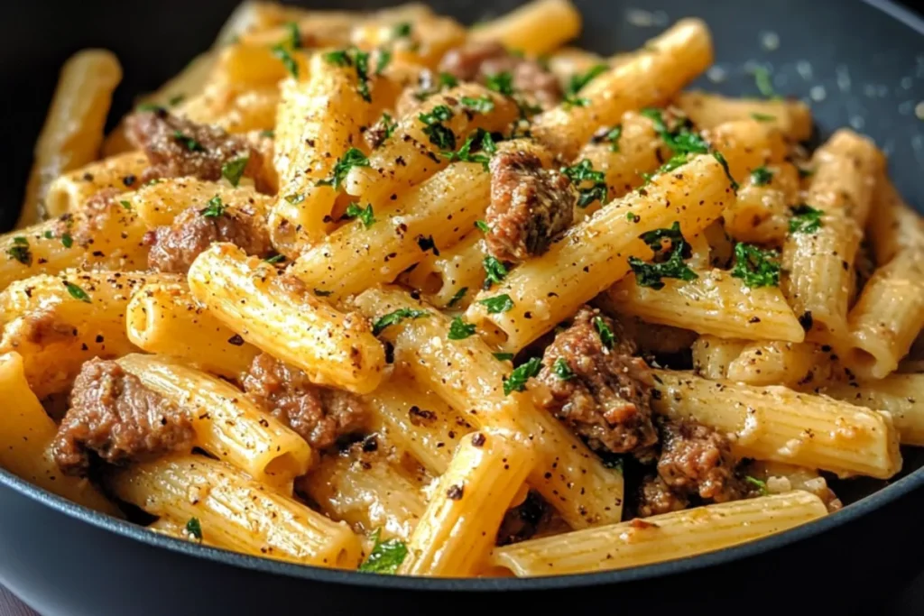 One-Pot Creamy Beef and Garlic Butter Pasta with grated Parmesan cheese and fresh parsley. Perfect for a comforting dinner.