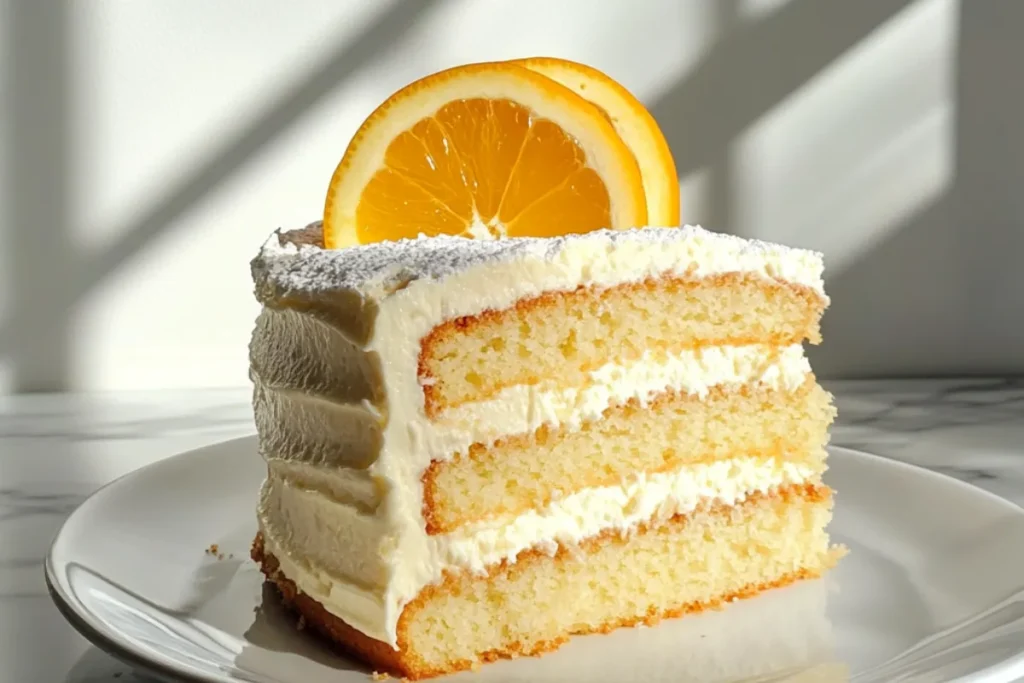 A slice of Limoncello Mascarpone Cake topped with lemon zest and creamy mascarpone frosting.