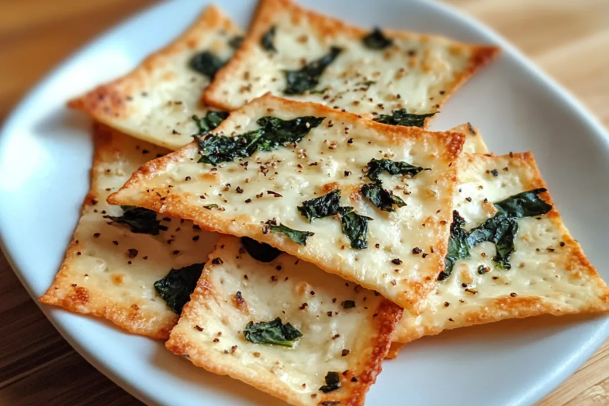 Mediterranean spinach and feta crisps with cream cheese glaze on a serving plate