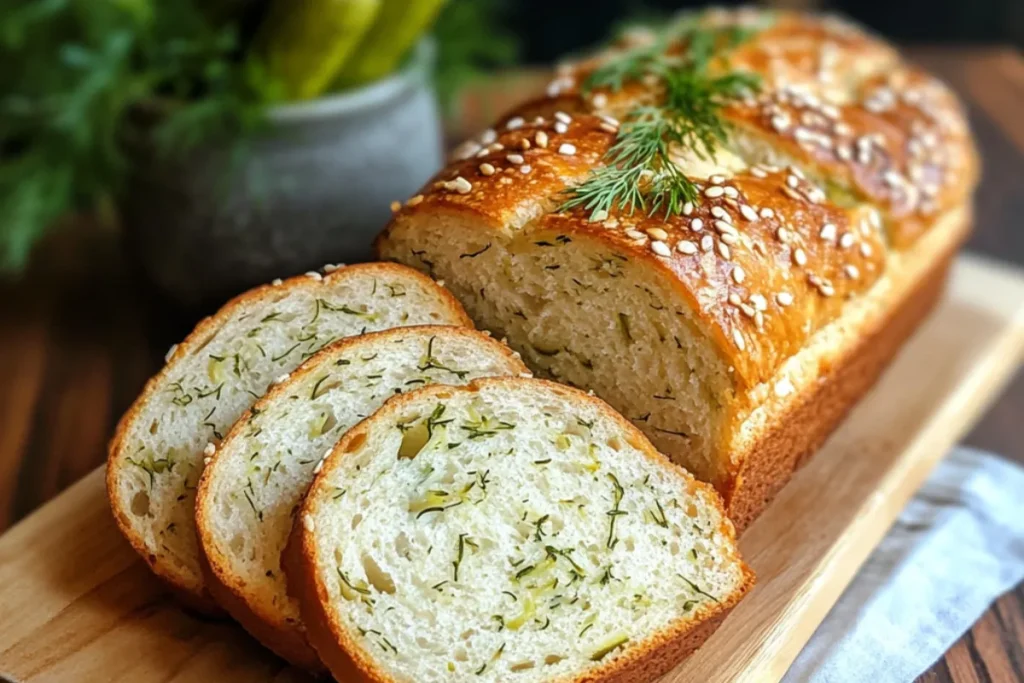 Freshly baked dill pickle bread loaf with a golden brown crust and a soft, fluffy interior. Perfect for savory snacks and sandwiches.