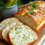 Dill Pickle Bread 7 Freshly baked dill pickle bread loaf with a golden brown crust and a soft, fluffy interior. Perfect for savory snacks and sandwiches.