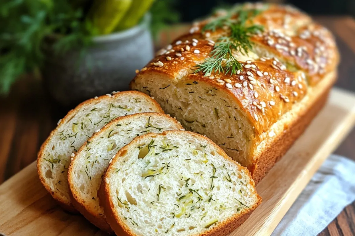 Dill Pickle Bread 4 Freshly baked dill pickle bread loaf with a golden brown crust and a soft, fluffy interior. Perfect for savory snacks and sandwiches.
