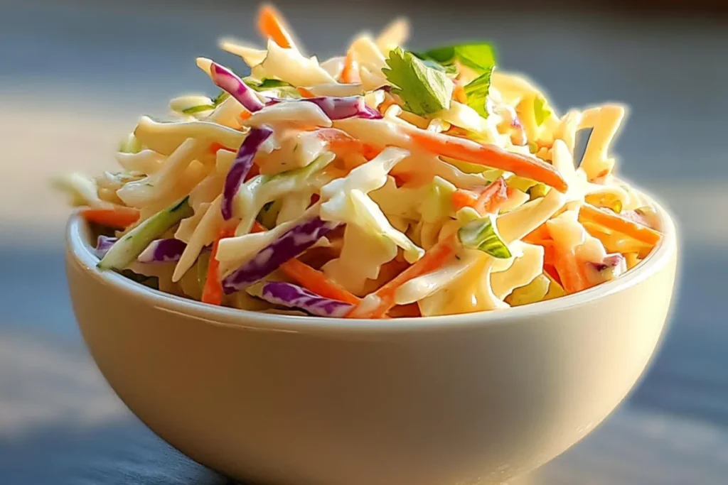 Homemade KFC-inspired coleslaw with creamy dressing and shredded cabbage and carrots