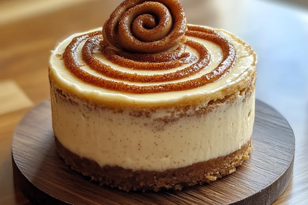 Cinnamon Roll Honeybun Cheesecake 4 Cinnamon Roll Honeybun Cheesecake with cinnamon swirl and honeybun glaze on top