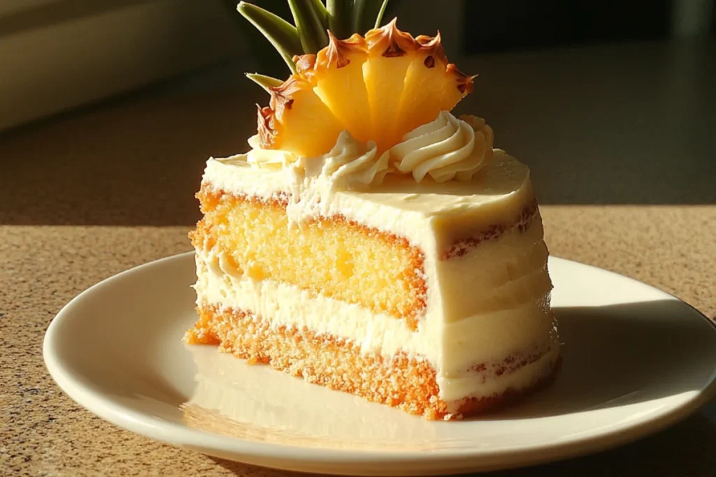 Pineapple Paradise Cake topped with pistachio frosting and crushed pineapple. A tropical dessert treat.