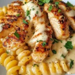 Creamy Garlic Butter Chicken 7 Creamy garlic butter chicken and rotini pasta coated in Parmesan sauce, garnished with fresh parsley. A delicious comfort food recipe.