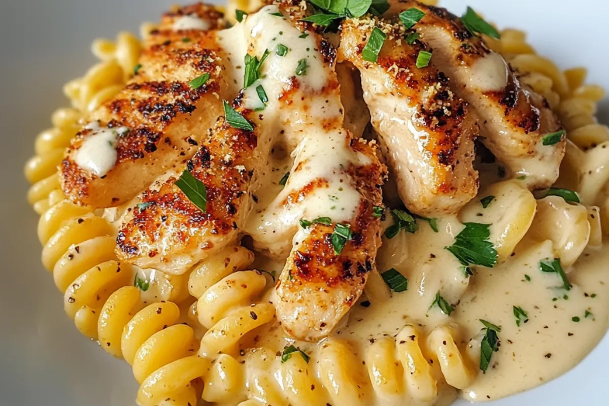 Creamy Garlic Butter Chicken 4 Creamy garlic butter chicken and rotini pasta coated in Parmesan sauce, garnished with fresh parsley. A delicious comfort food recipe.