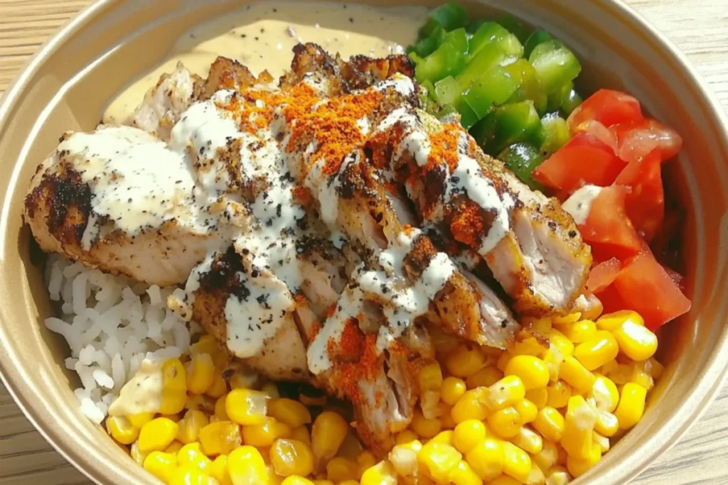 Street Corn Chicken Rice Bowl with grilled chicken, cilantro-lime rice, corn, avocado, and chili-lime crema.