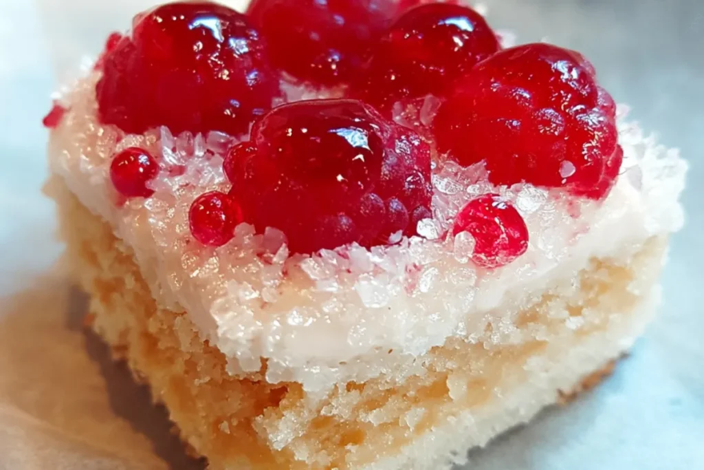 A slice of Raspberry Swirl Coconut Snowball Cake with raspberry swirl and shredded coconut topping on a white plate.