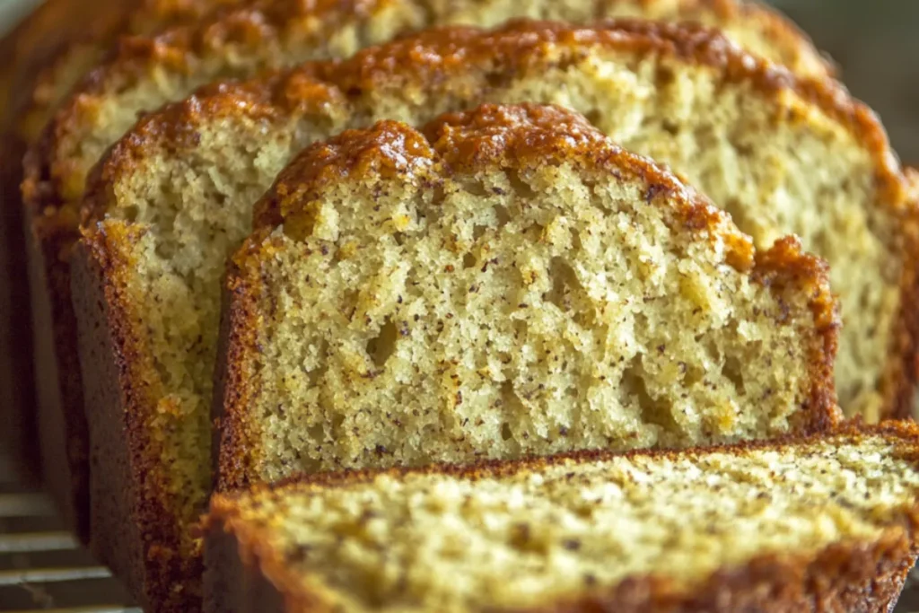 Sliced Cottage Cheese Banana Bread on a plate with a moist texture, showcasing a healthier version of the classic banana bread.