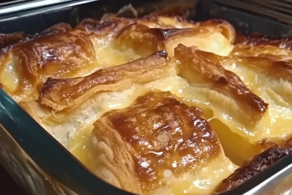 A serving of Reuben Crescent Bake with golden, flaky crust, melted Swiss cheese, corned beef, and sauerkraut.