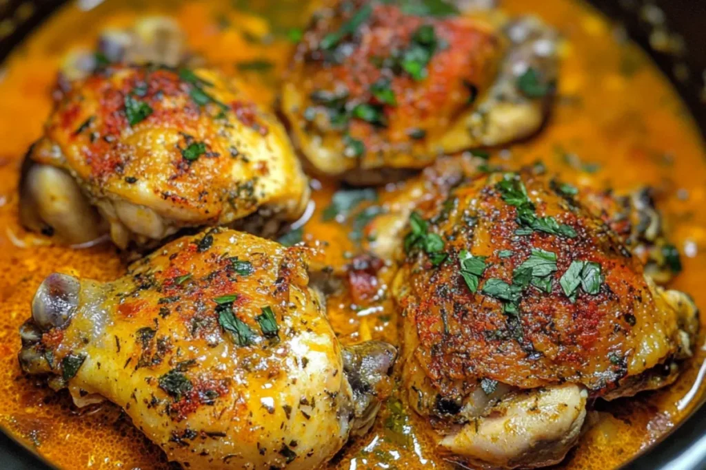 Sweet Baby Ray’s Crockpot Chicken served on a plate with BBQ sauce and side of coleslaw.