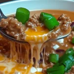 Cheesy Ground Beef 7 Cheesy ground beef casserole with melted cheese on top, served in a skillet with a wooden spoon.