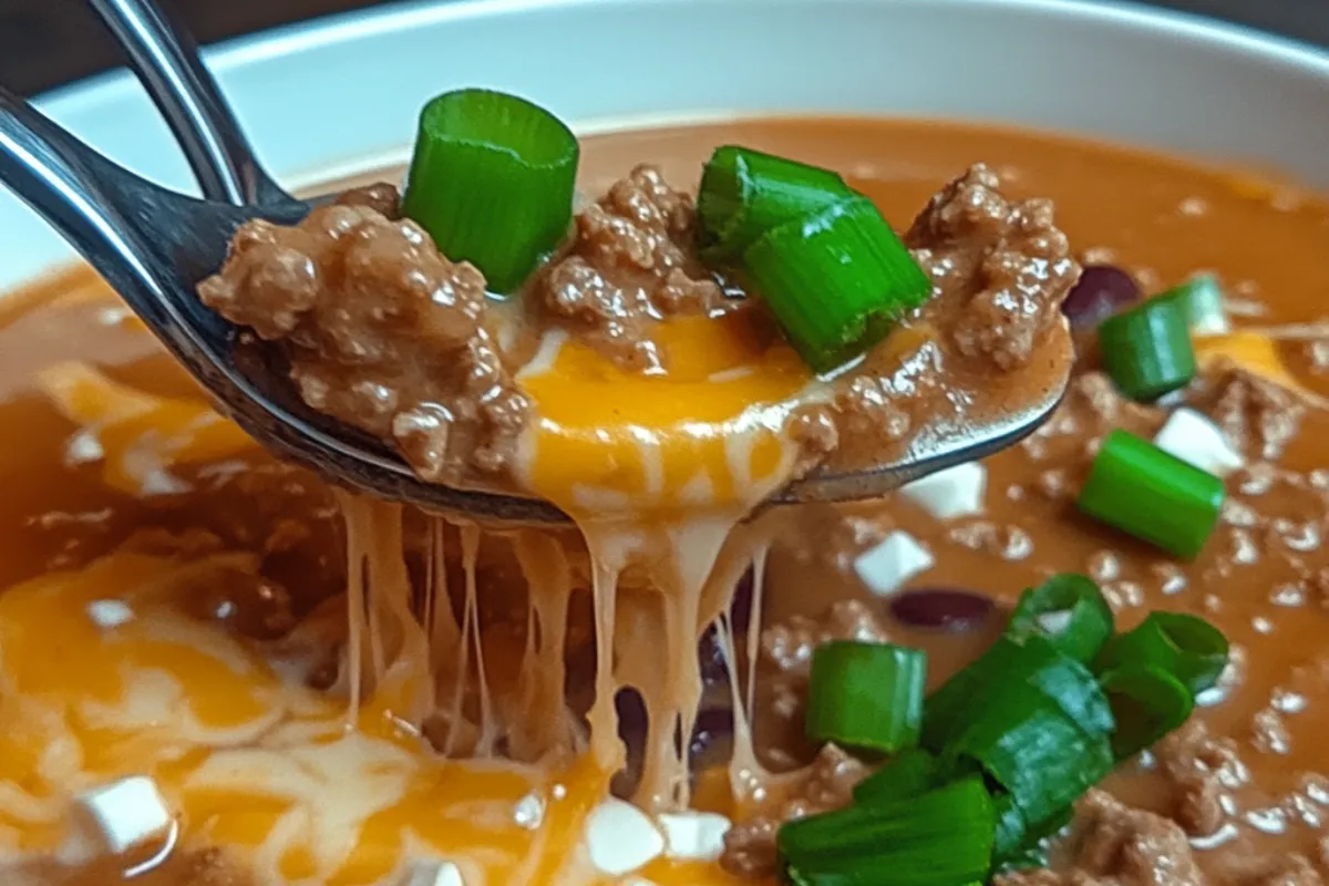 Cheesy Ground Beef 4 Cheesy ground beef casserole with melted cheese on top, served in a skillet with a wooden spoon.