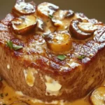Filet Mignon au Boursin et Champignons 7 Plate of Filet Mignon au Boursin et Champignons with creamy mushroom sauce and garnished with fresh herbs.