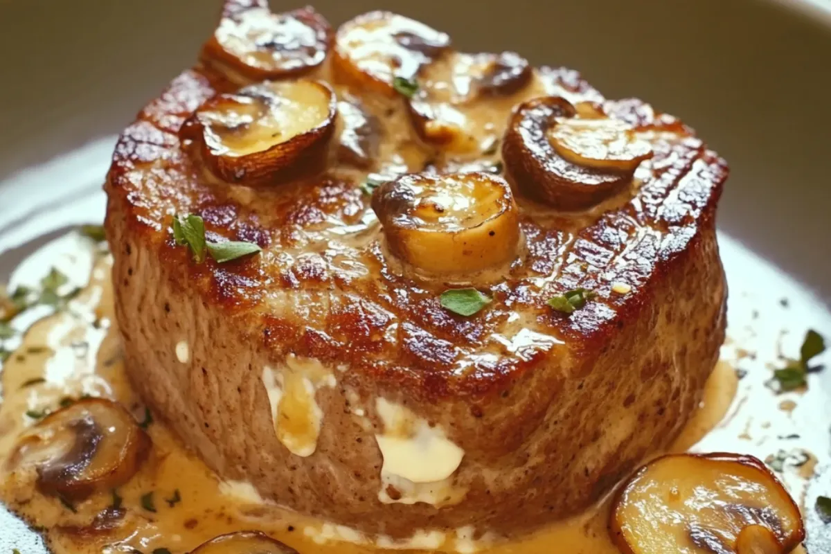 Filet Mignon au Boursin et Champignons 4 Plate of Filet Mignon au Boursin et Champignons with creamy mushroom sauce and garnished with fresh herbs.