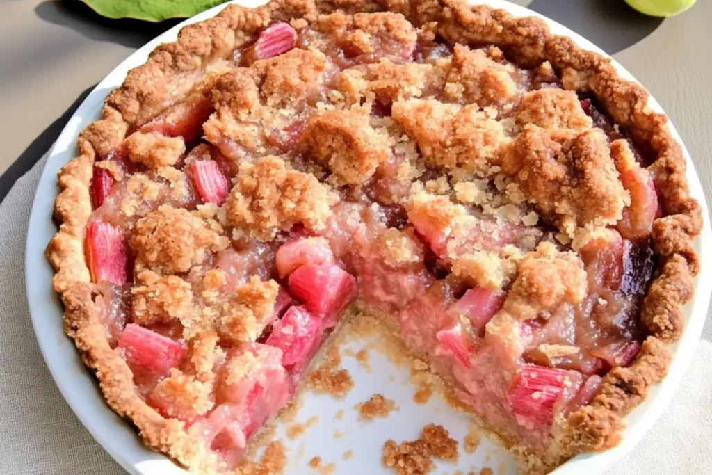 Homemade rhubarb sour cream pie with a golden crust and creamy filling, topped with a crunchy streusel.