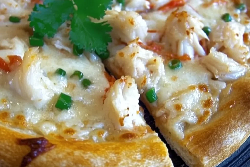 Crab Rangoon pizza with creamy topping and crispy wonton strips
