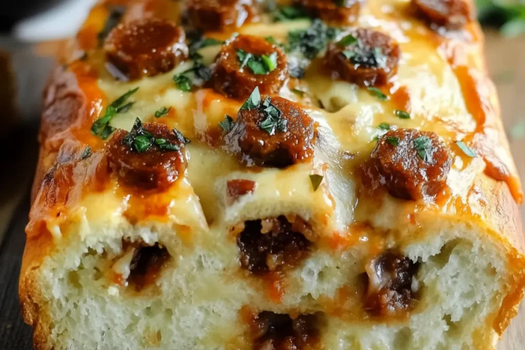 A delicious slice of Cheesy Garbage Bread Delight, stuffed with cheese, meats, and vegetables, baked to golden perfection.